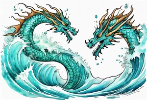 a pretty turquoise sea dragon emerging from an ocean wave, crashing onto the shore tattoo idea