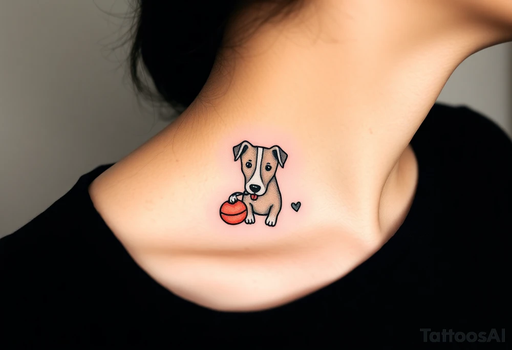 One line tattoo of female dog with white strip going up dog’s snout slightly off centered. With  toy and the dogs tongue slightly out and the name kiwi and an Aquarius them to it . Just the colors black  white brown with a small heart near by tattoo idea