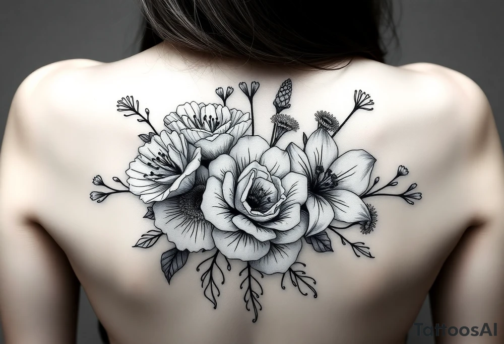 3d realistic Bouquet Carnation rose lily luster and aster flower tattoo idea