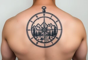 Open compass, bottom half with mountains, trees, stream, and tent. The S of the compass should be a fishing lure tattoo idea