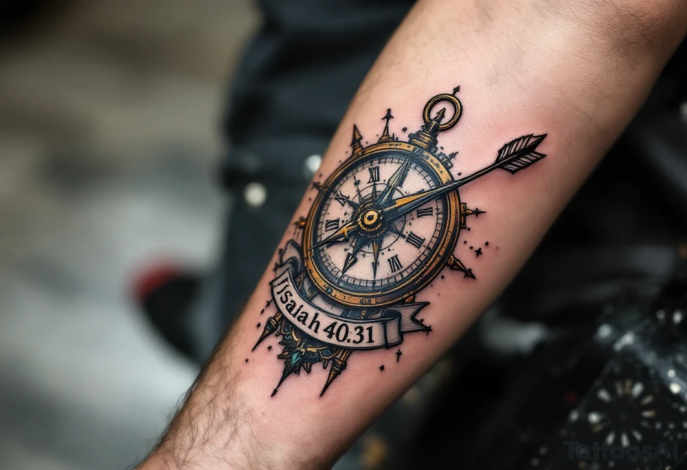 steampunk half compass half clock with a full length arrow pointing at my wrist and saying "Isaiah 40:31" tattoo idea