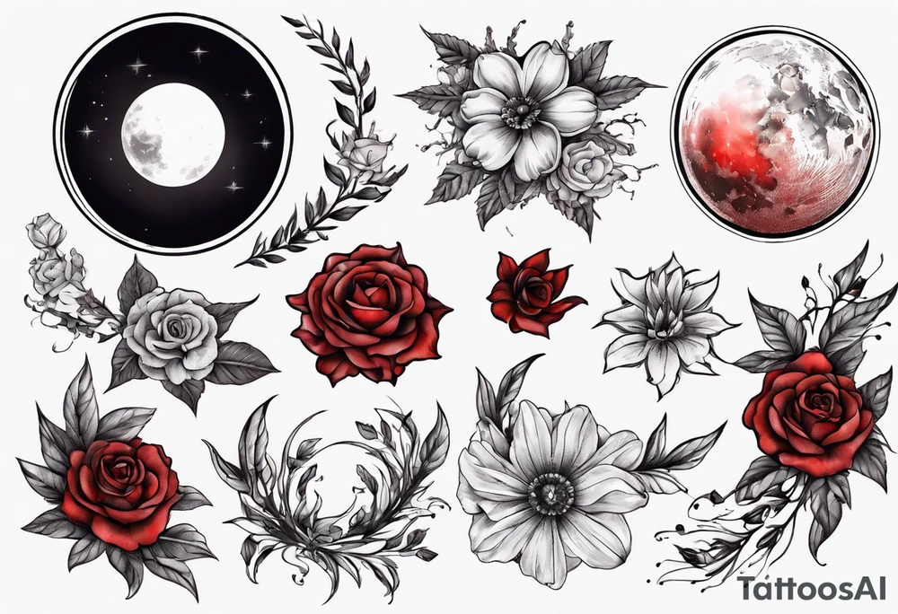 Blood moon with flowers around it tattoo idea