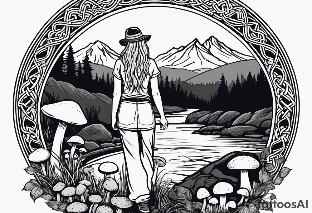 Whole picture encircled fully

Straight long blonde hair hippie girl in distance holding mushrooms in hand facing away toward mountains and creek surrounded by mushrooms long sleeve shirt and hiking pants; whole rendering within a full celtic circle border, no cut off circle tattoo idea