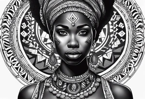 Deus èsú africano realista em preto e cinza com os olhos brancos e fundo com tons de vermelho tattoo idea