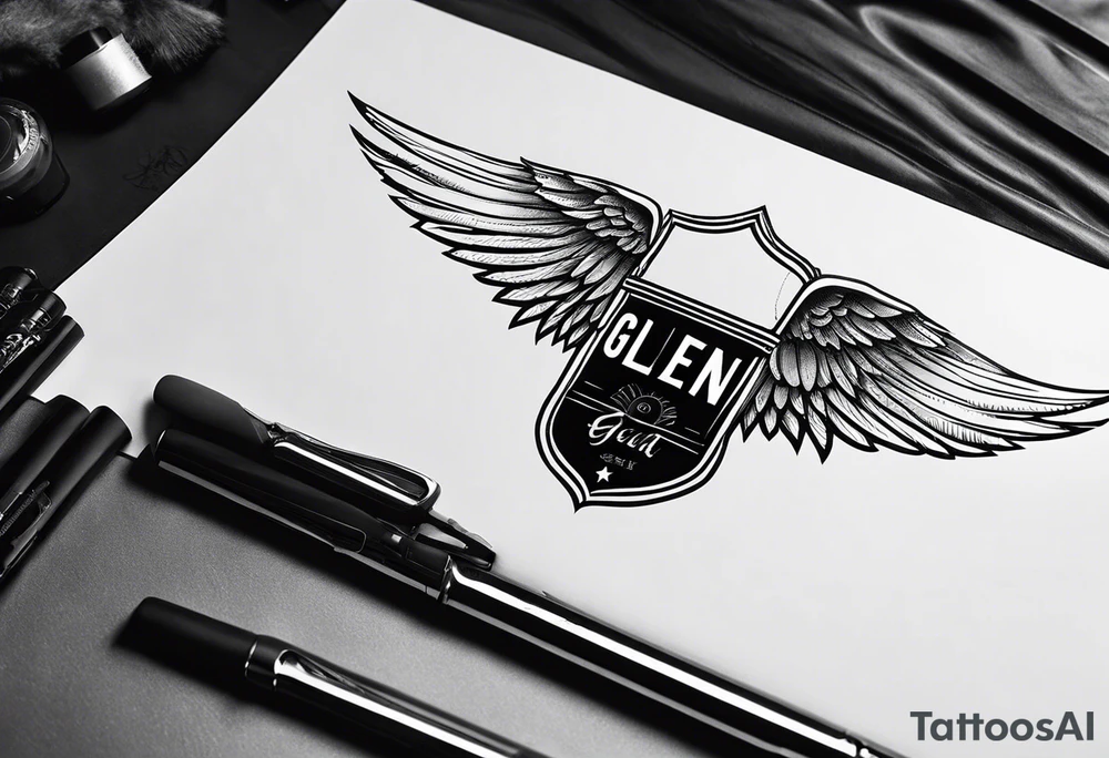 A simple tattoo with the word Glenn on a banner with angel Wings tattoo idea