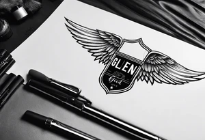 A simple tattoo with the word Glenn on a banner with angel Wings tattoo idea
