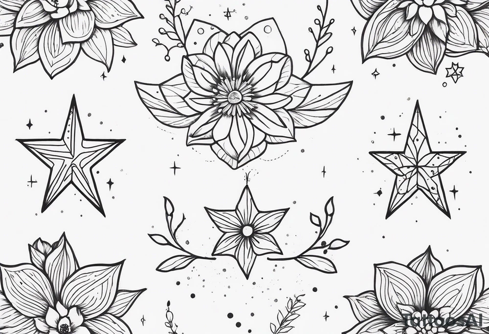 fine line with stars, floral, dots. Sternum tattoo tattoo idea