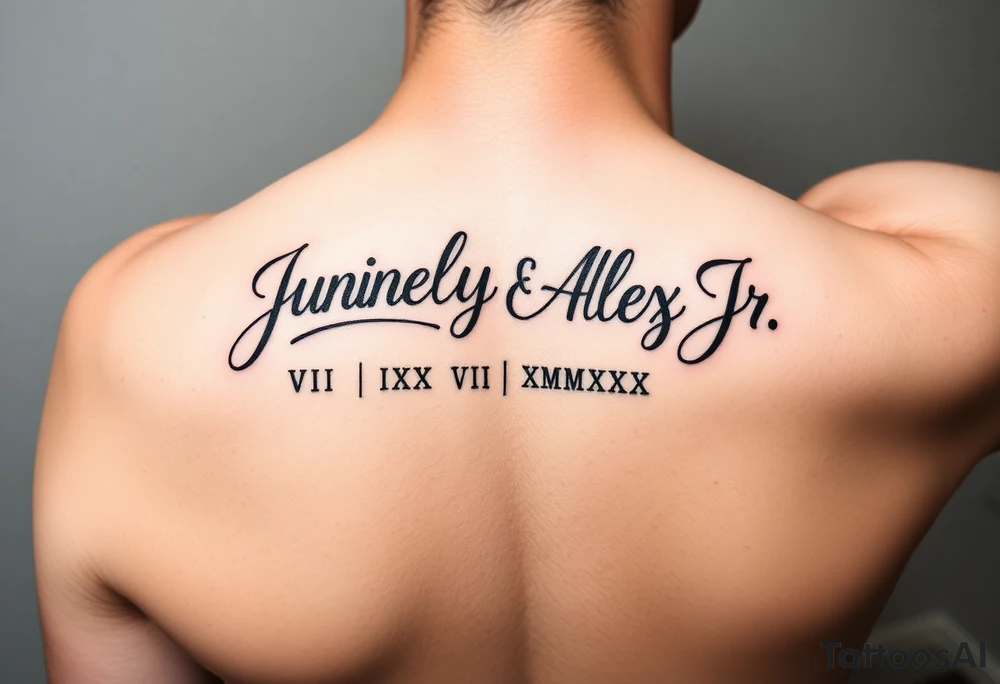 Junelyn & Alex Jr in cursive font VI·IX·MMXIX VII·XXVII·MMXX on a forearm tattoo idea