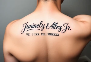 Junelyn & Alex Jr in cursive font VI·IX·MMXIX VII·XXVII·MMXX on a forearm tattoo idea