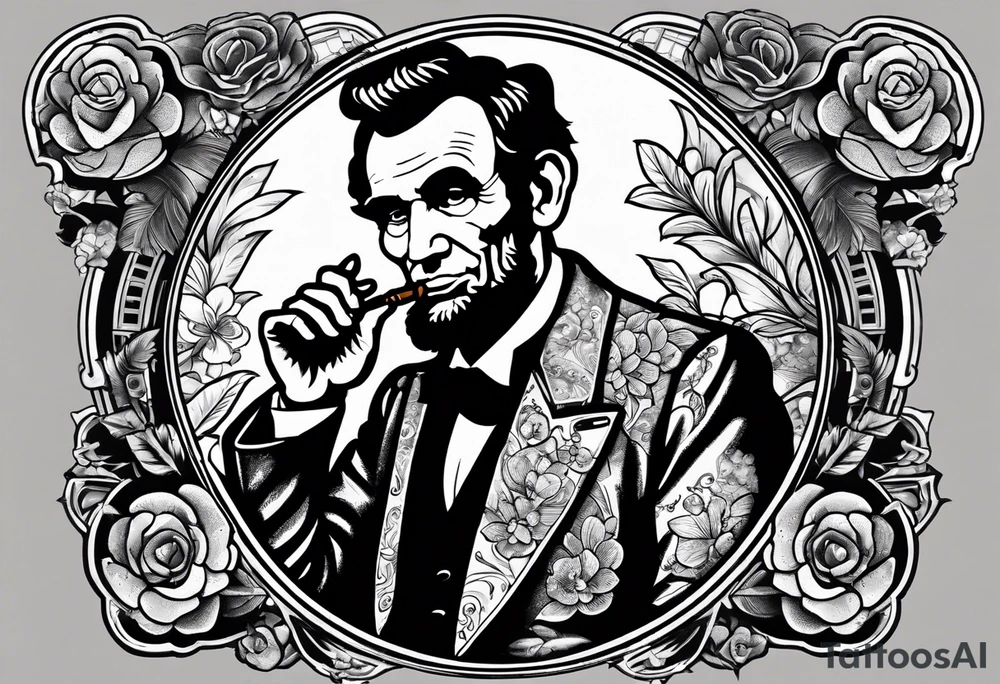 Abraham Lincoln smoking a cigar  in a flowered suit jacket holding a 90s boombox on his shoulder jamming out tattoo idea