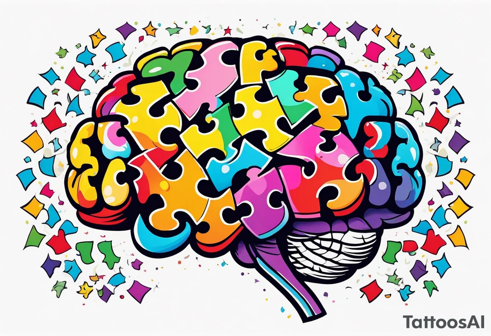 Colorful brain with two eyes made of puzzle pieces tattoo idea