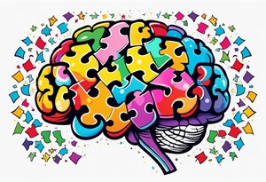 Colorful brain with two eyes made of puzzle pieces tattoo idea