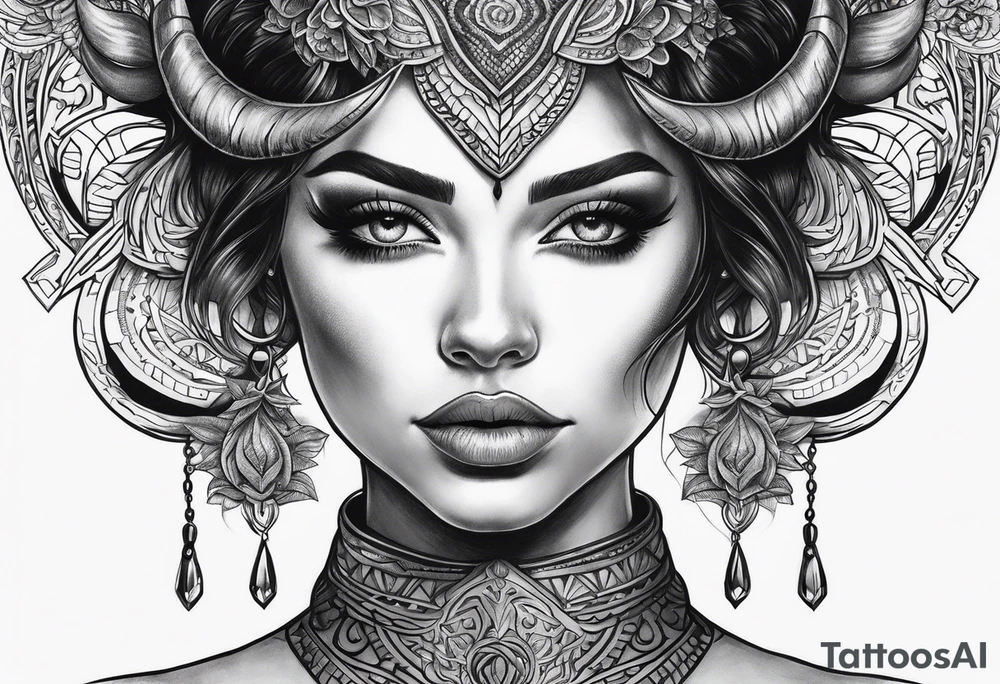 Horned dark realism beautiful woman looking 
face forward tattoo idea