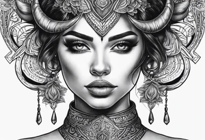 Horned dark realism beautiful woman looking 
face forward tattoo idea