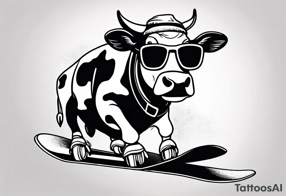 Create a minimalist and dynamic black and white tattoo design featuring a cheerful cow engaged in a snowboarding activity, wearing goggles. Emphasize clean lines and essential details to capture the playful spirit of the scene. The cow should be depicted confidently snowboarding down a snowy slope, with a sense of balance and joy, and wearing stylish goggles. Pay attention to the composition, ensuring that the tattoo design is suitable for a small to medium-sized space. The goal is to convey a lighthearted and whimsical vibe with the addition of the goggles, making the design visually appealing and suitable for tattooing. tattoo idea