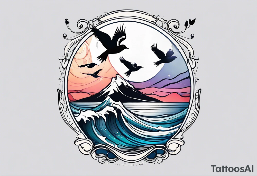 calm sea with birds tattoo idea