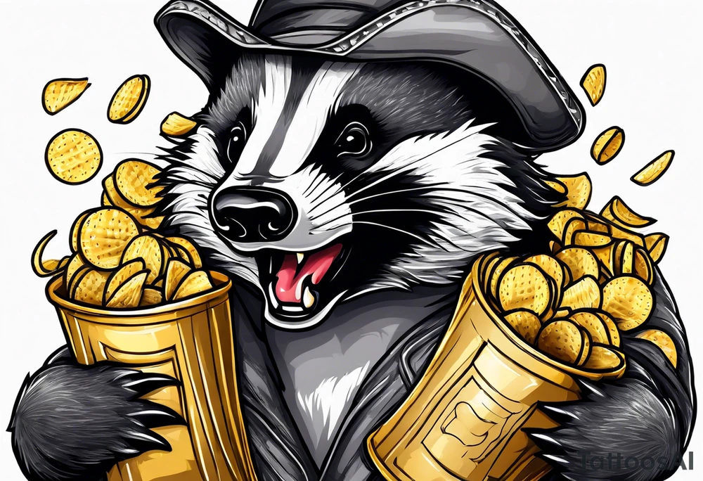 Angry badger with mouth open holding bag of chips tattoo idea
