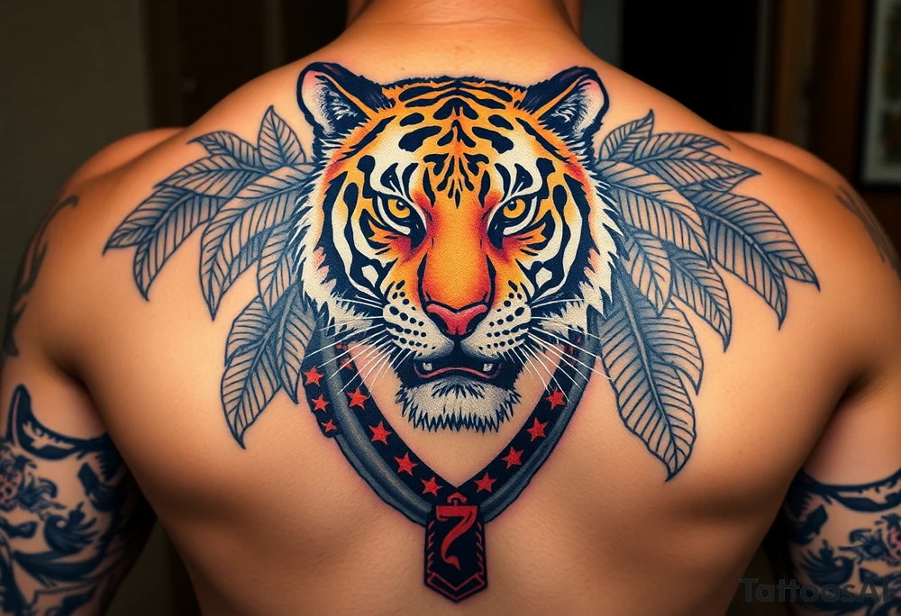 Bengal tiger wearing Muay Thai attire as a person would. The surrounding area is jungle tattoo idea