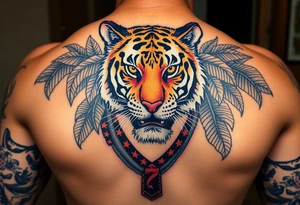 Bengal tiger wearing Muay Thai attire as a person would. The surrounding area is jungle tattoo idea