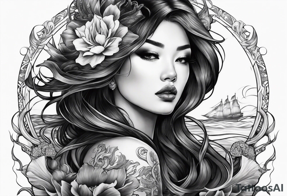 Full-body portrait of an ethereal and dark woman of the sea tattoo idea