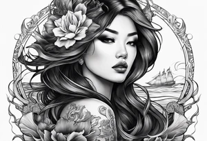 Full-body portrait of an ethereal and dark woman of the sea tattoo idea