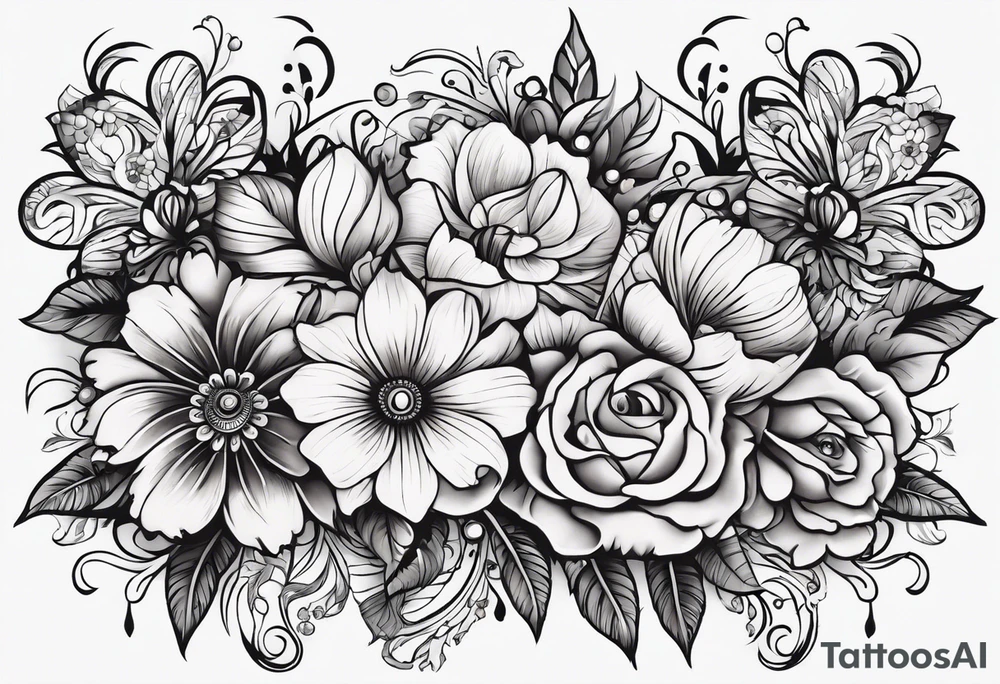 Floral leg piece with beading and lace tattoo idea. monochromatic colorful, old school flowers. tattoo idea