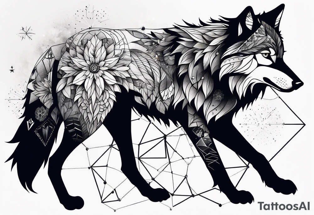 Constellation, animal wolf snow , géométric , flower tattoo idea