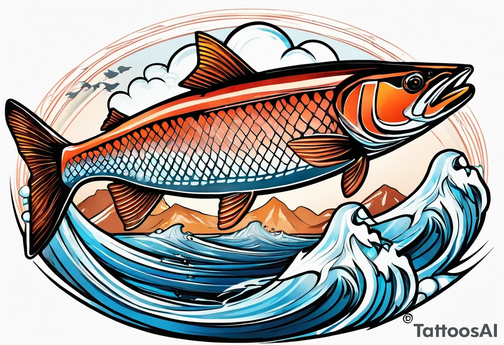 coho salmon fish with mountains and rivers inside of the body of the fish jumping through the air tattoo idea