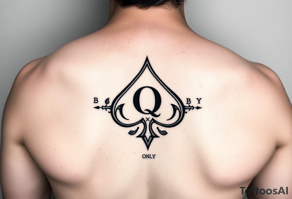 A spade womb tattoo with a Q in the center, with three points around the outside. The first reading, "BLACK". The second reading, "BABY". The third reading, "ONLY". tattoo idea