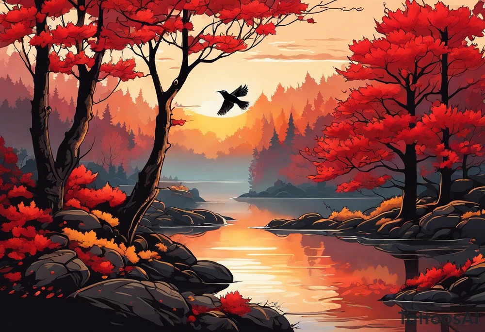 full left arm. Long tattoo A maple tree with red autumn leaves that branches upwards. White-throated dipper bird on the trees branches. Calluna flowers at the base of the trees stem. Tree stem has dark colors. Red/yellow sunset behind the trees stem. Leaves falling. tattoo idea