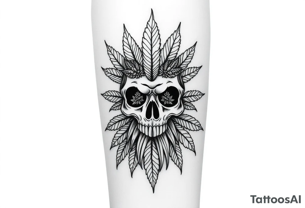 "Create a bold, black-and-white illustration of a stylized skull with intricate detailing. Incorporate cannabis leaves extending downward like a beard and marijuana buds filling the eye sockets. Ensure the design is symmetrical, high-contrast, and resembles a tattoo-style artwork with sharp, clean lines." tattoo idea