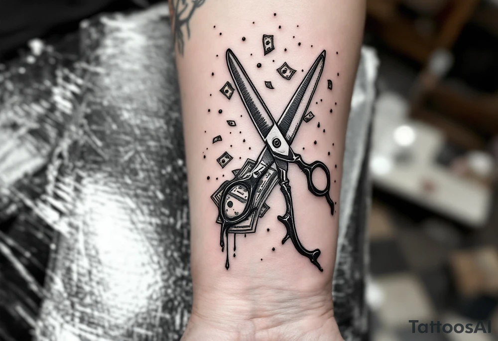 Barber pole and scissors and razor with raining money tattoo idea