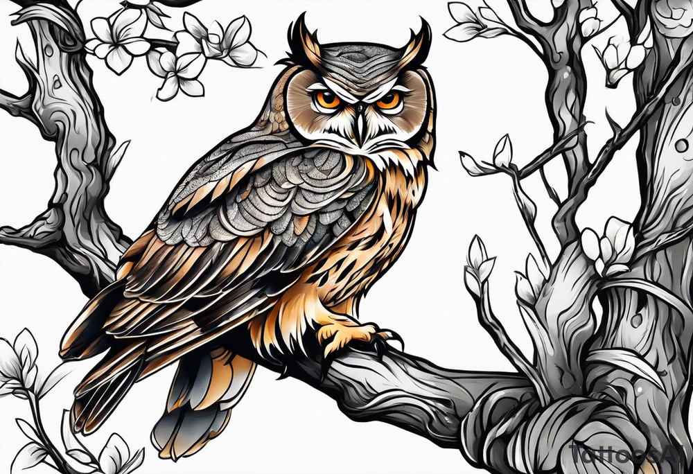 Owl sitting on a branch tattoo idea