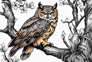 Owl sitting on a branch tattoo idea