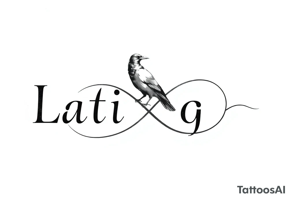 1. **Typography with Infinity**: "Latigo" could be in the modern font you like, and the infinity symbol can seamlessly flow from the end of the "o," creating a continuous line that connects the text. 

2. **Crow Perched on the Infinity Symbol**: You could have the crow perched on one side of the infinity symbol, perhaps with its wings slightly spread, which would give the design a dynamic feel.

3. **Flowing Elements**: To enhance the design, you could add some flowing lines or subtle curves around the infinity symbol to give it a sense of movement, almost like it's part of a larger story.

4. **Minimalist Crow Detail**: The crow can be stylized in a way that keeps it elegant but recognizable, focusing on the outline with just enough detail to convey its features without overwhelming the design. tattoo idea