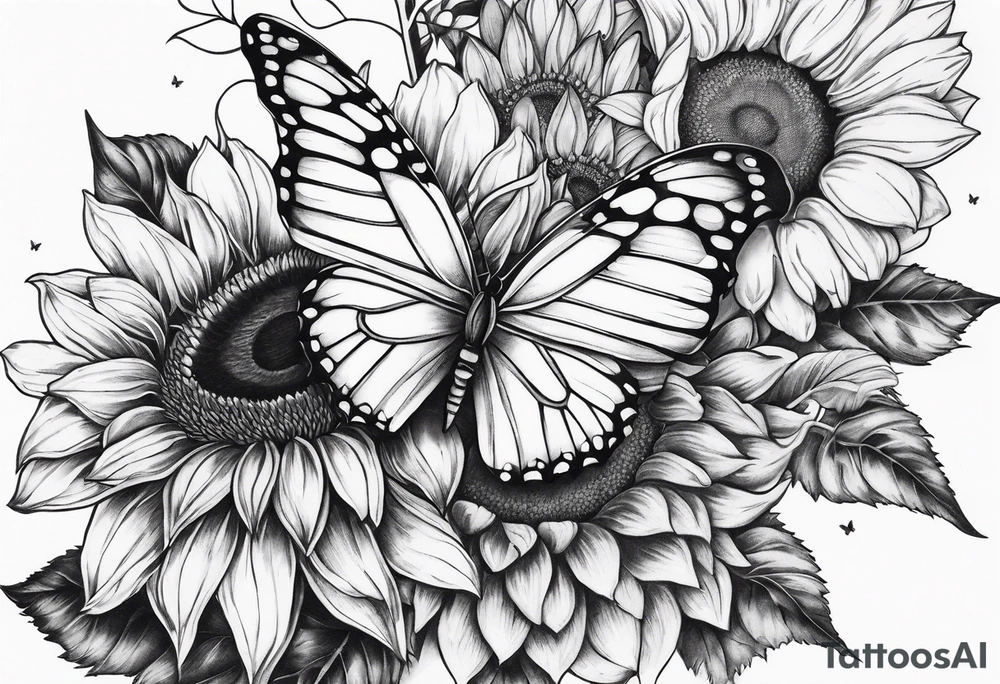 Leg sleeve with sunflowers and butterflies tattoo idea