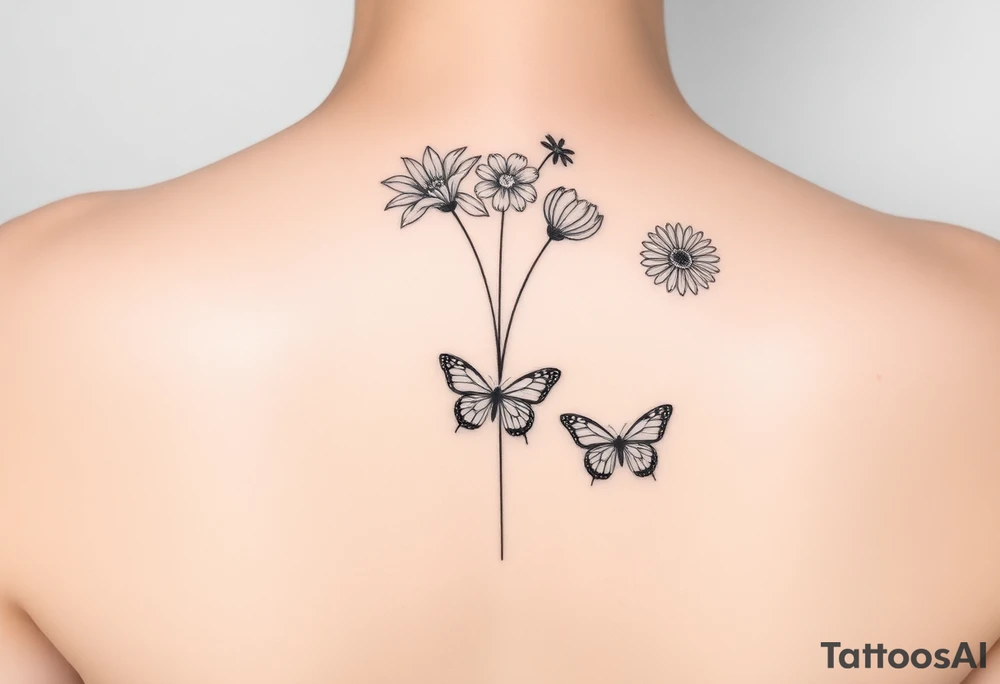 Vertical line down the middle

Water lily, honeysuckle, narcissus, violet and a daisy on top of vertical line

Small butterflies tattoo idea