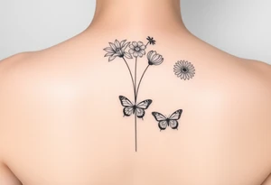 Vertical line down the middle

Water lily, honeysuckle, narcissus, violet and a daisy on top of vertical line

Small butterflies tattoo idea