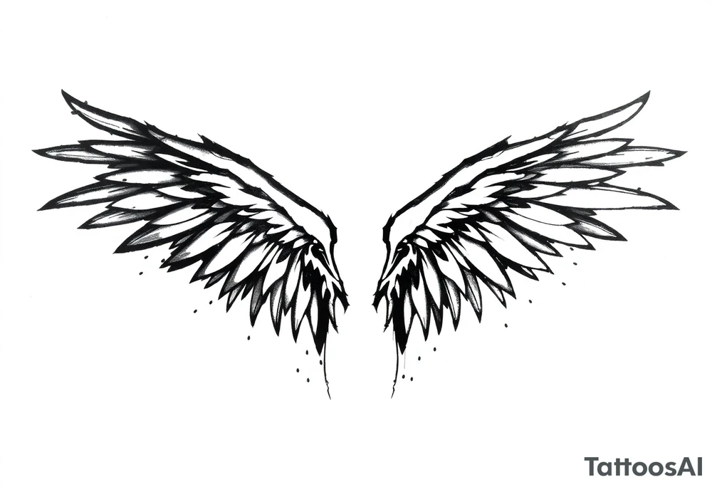the wings go up

This tattoo design features a pair symmetrical angel wings drawn in black ink with a rough, sketch-like style. The left wing is darker, more defined, and appears denser, while the right wing is lighter, more delicate, and fragmented, creating a contrast between the two. The feathers are sharp and irregular, with fine lines and stray strokes extending outward, adding a raw and artistic feel. The overall look is dynamic and slightly chaotic, giving the impression of movement or an unfinished, ethereal form. This design symbolizes duality, freedom, transformation, or even struggle, making it a meaningful and visually striking tattoo. tattoo idea