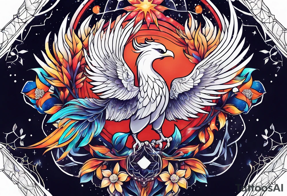 Constellation, animal phoenix , snow , géométric , flower tattoo idea