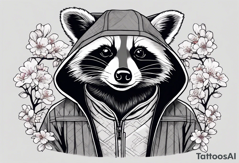 Raccoon wearing a Superman hoodie and Japanese cherry blossoms tattoo idea