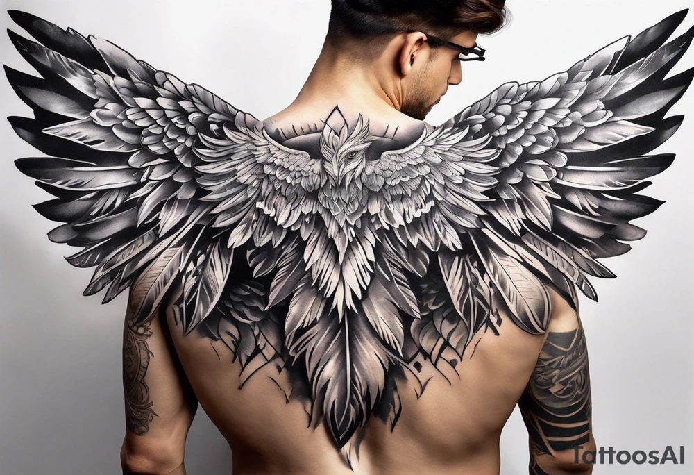 wings tattoo extending from a mens shoulders, covering the upper arms and upper back. The feathers are intricately detailed, with soft shading in black and gray to create depth and texture. tattoo idea