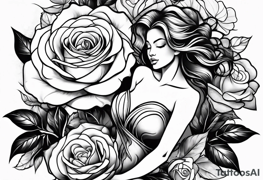 Bloomed rose with female body, kneeling tattoo idea