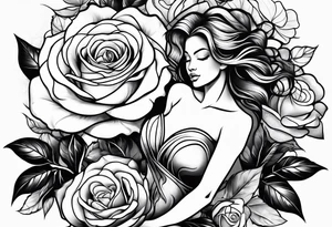 Bloomed rose with female body, kneeling tattoo idea