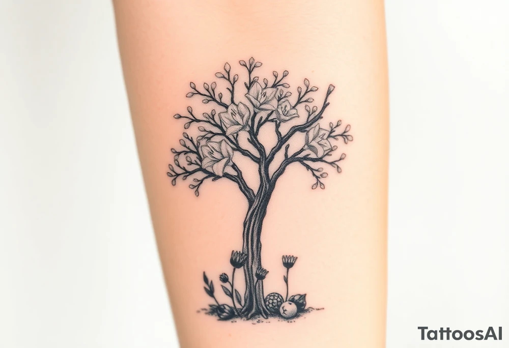 Lilly of the vally plants underneath a blooming hawthorn tree with other plants on ground tattoo idea