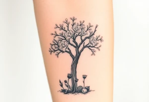 Lilly of the vally plants underneath a blooming hawthorn tree with other plants on ground tattoo idea