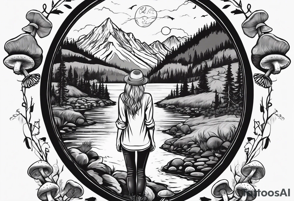Whole picture encircled fully

Straight long blonde hair hippie girl in distance holding mushrooms in hand facing away toward mountains and creek surrounded by mushrooms long sleeve shirt and hiking pants; whole rendering within a full circle, no cut off circle tattoo idea