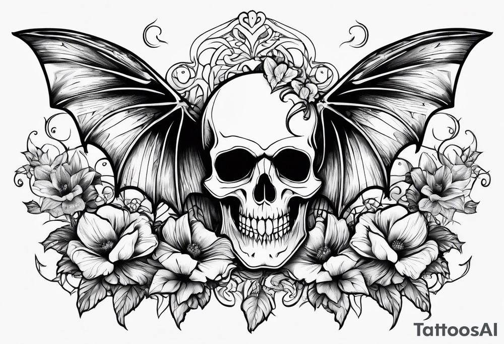 Flowers vines skeleton bat tattoo idea
