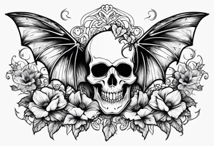Flowers vines skeleton bat tattoo idea