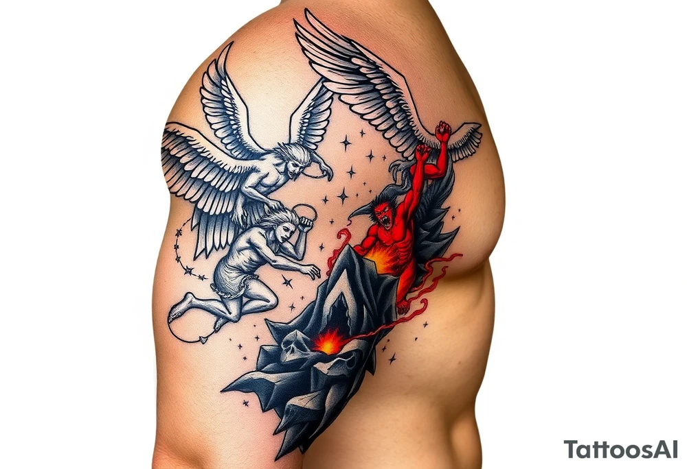 Heaven’s angels fighting hells demons. Angels flying and demons climbing up out of hell tattoo idea